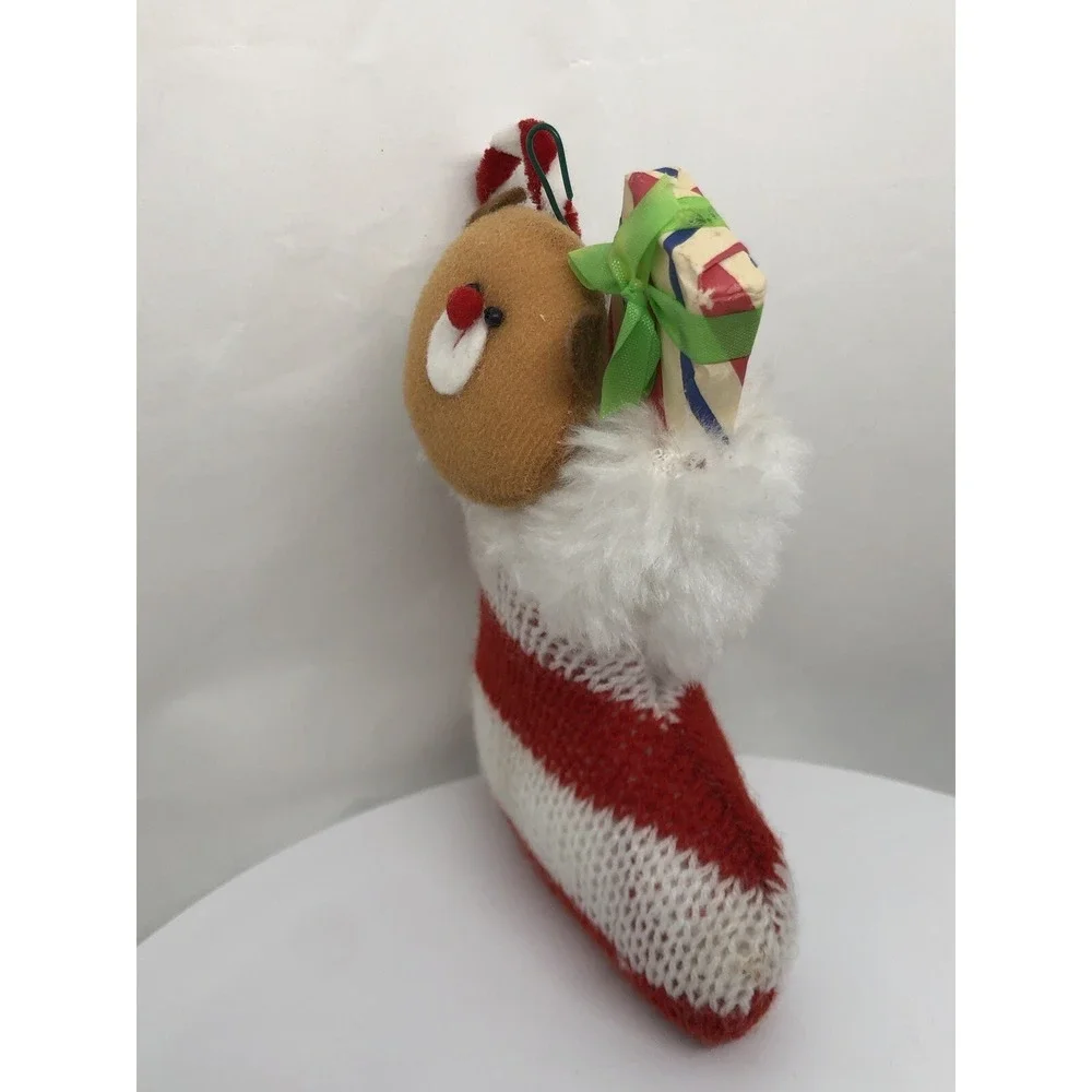Vtg 1970s Handmade Teddy Bear And Stocking‎ Christmas Ornament 5